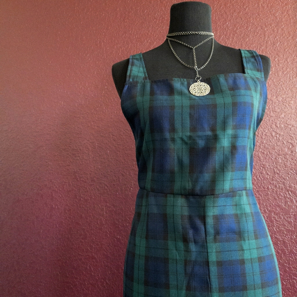 Blue Green Plaid Sleeveless Pinafore Midi Dress